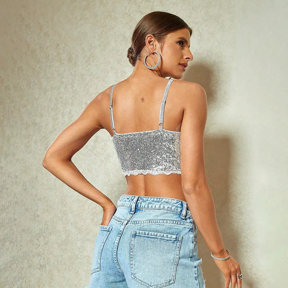 Sequined Backless Deep v Crop Top - Embrace French Sexy Style