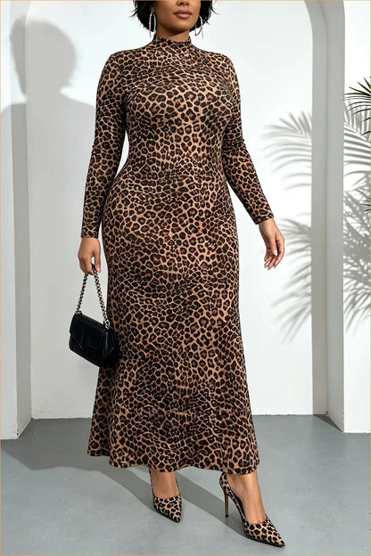 Leopard Print Mock Neck Maxi Dress