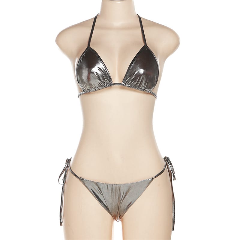 Boho Metallic Reflective Bikini - Sexy Backless Halter Lace-up Set