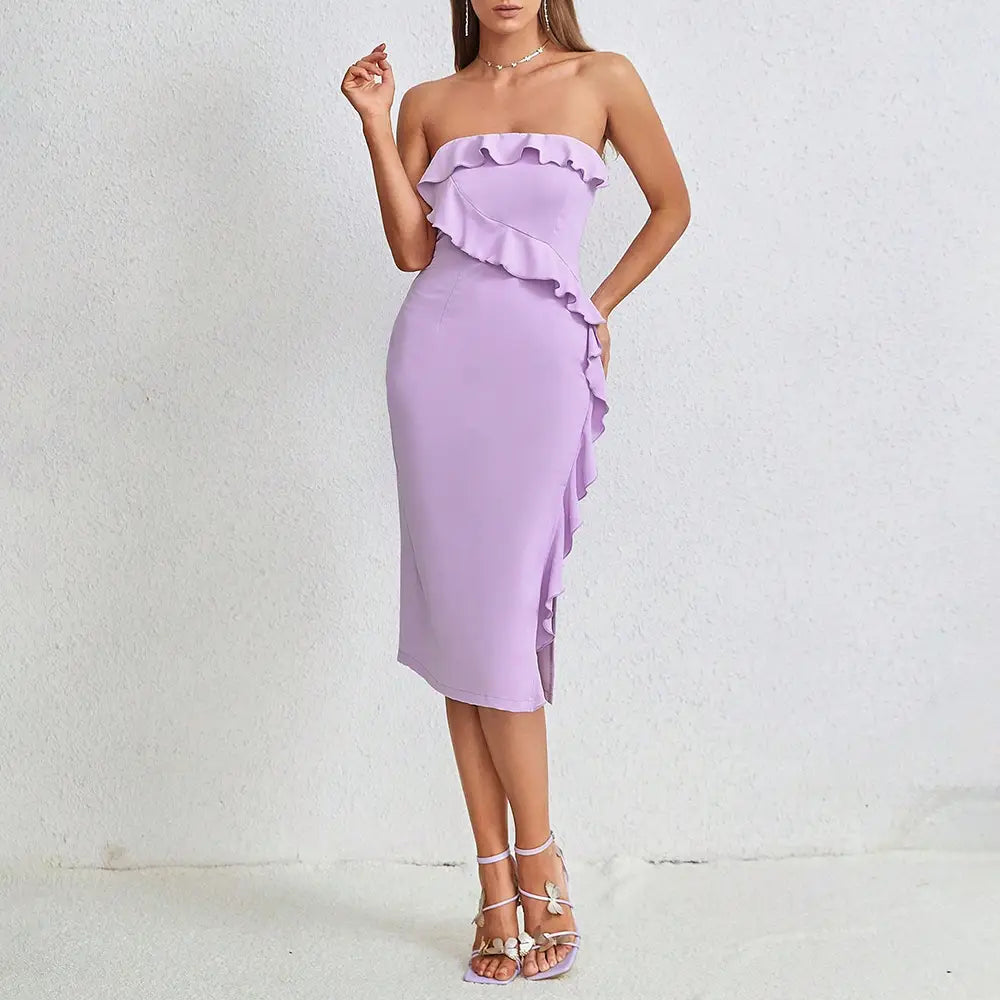 Ruffled Split Tube Dress - Sexy Summer Style with Zipper Detail