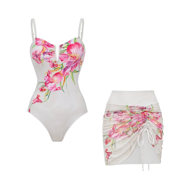 Floral Cami and Ruched Mini Skirt Two-Piece Set