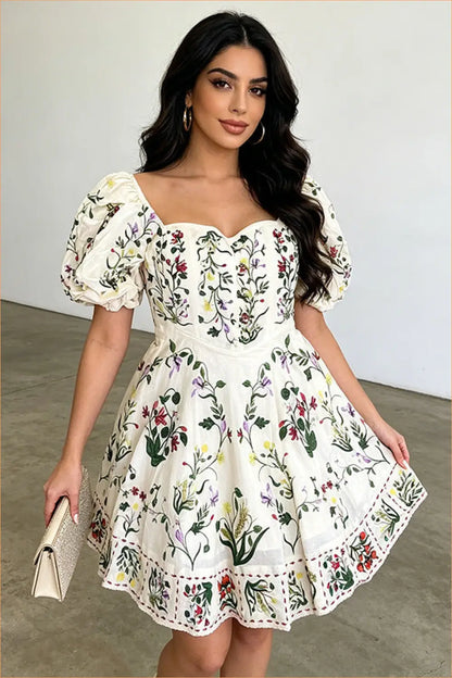 Floral Embroidered Puff Sleeve Sweetheart Mini Dress
