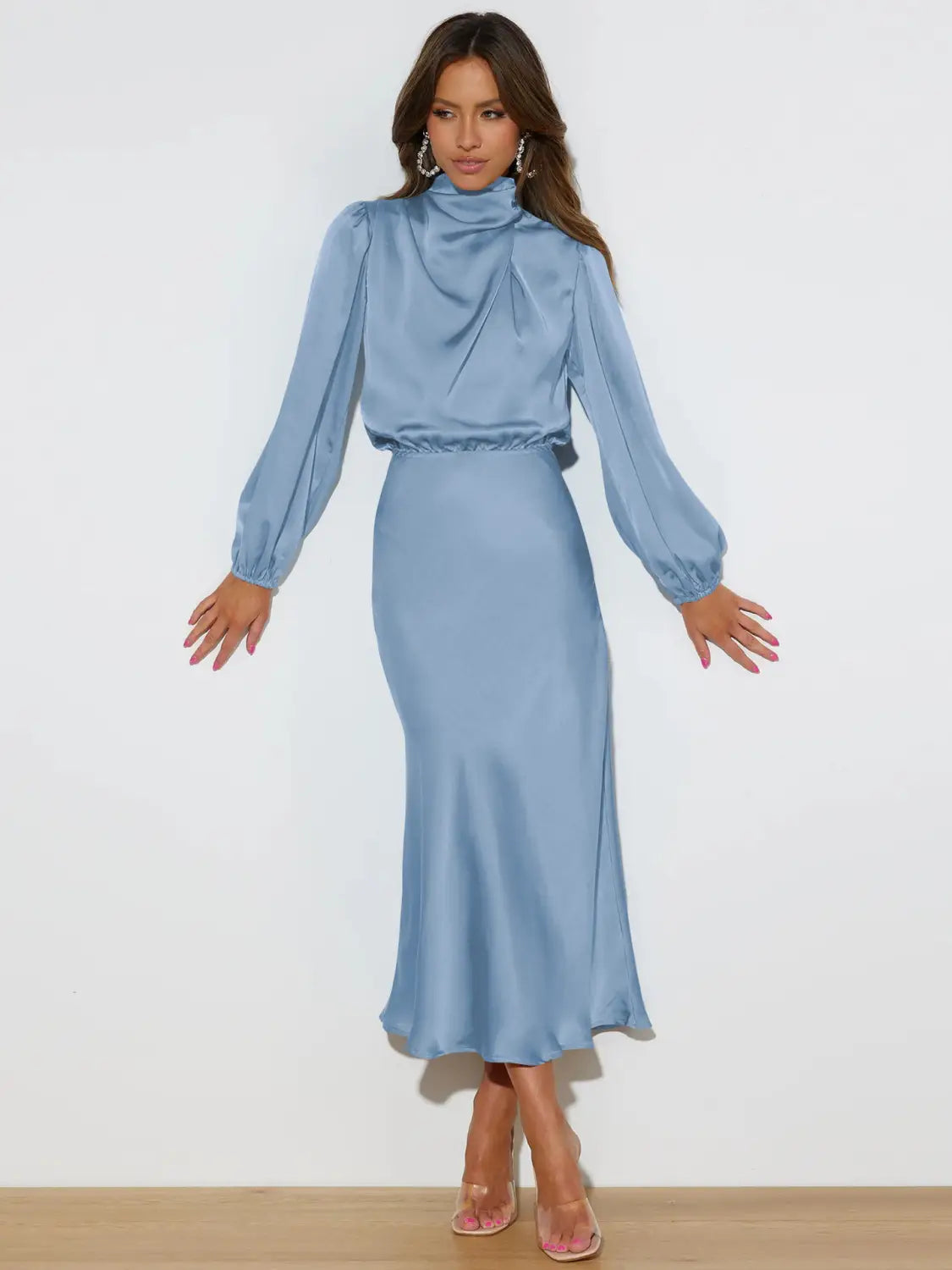 Satin Midi Dress with Balloon Sleeves - Evening Elegance