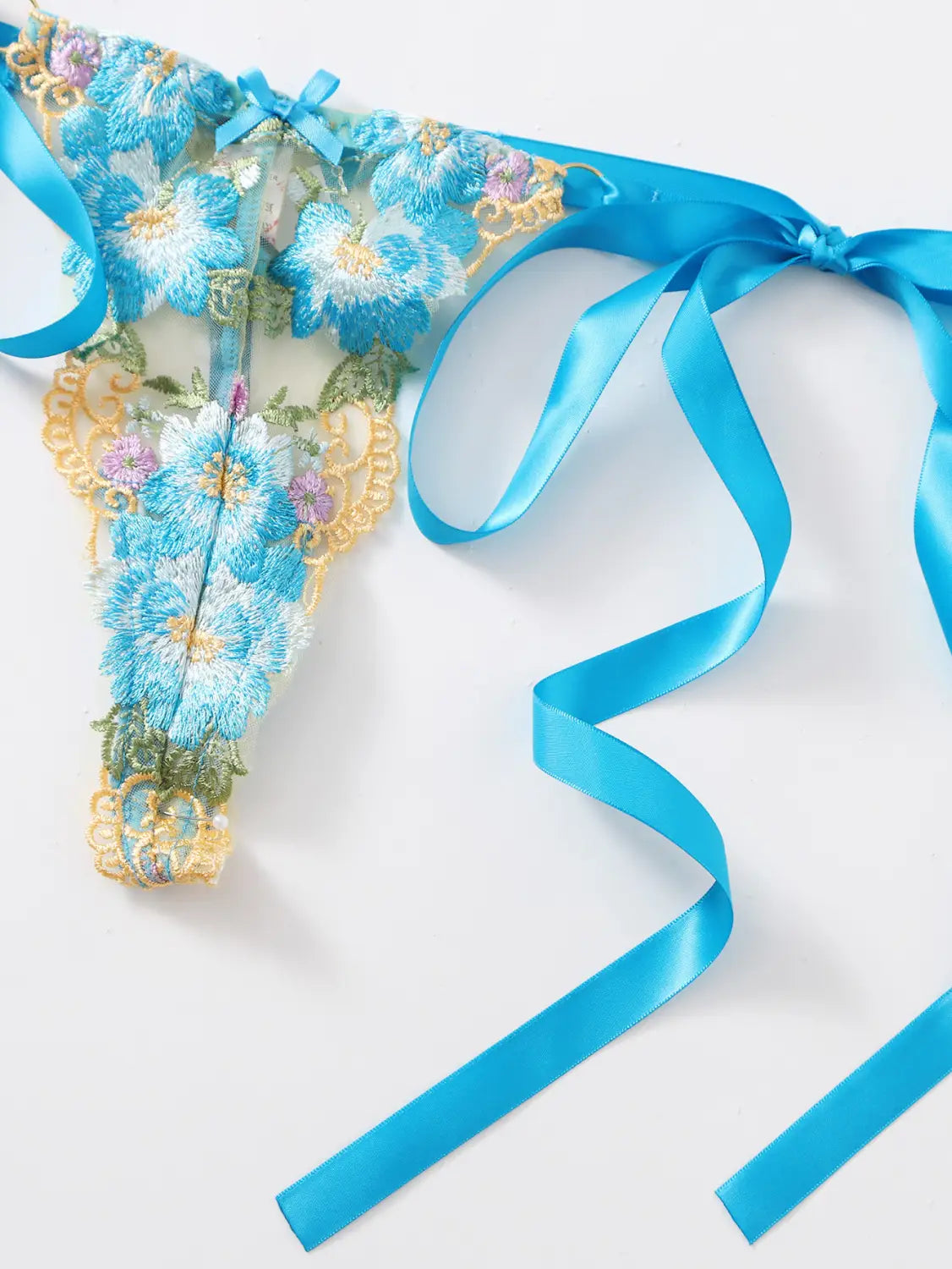 Blue Bow Floral Bikini Bra Set - Embroidery Elegance
