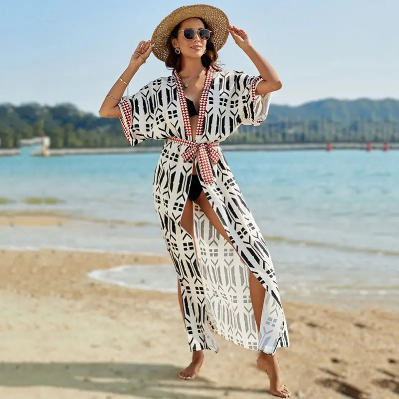 Boho Printed Beach Cover-up Cardigan With Belted Detail - Summer Vibes