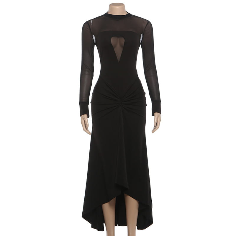 Mesh Panel Maxi Dress with Asymmetric Hem - Modern