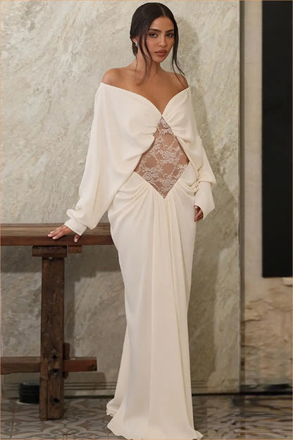 Ivory Off-Shoulder Lace-Cutout Evening Gown
