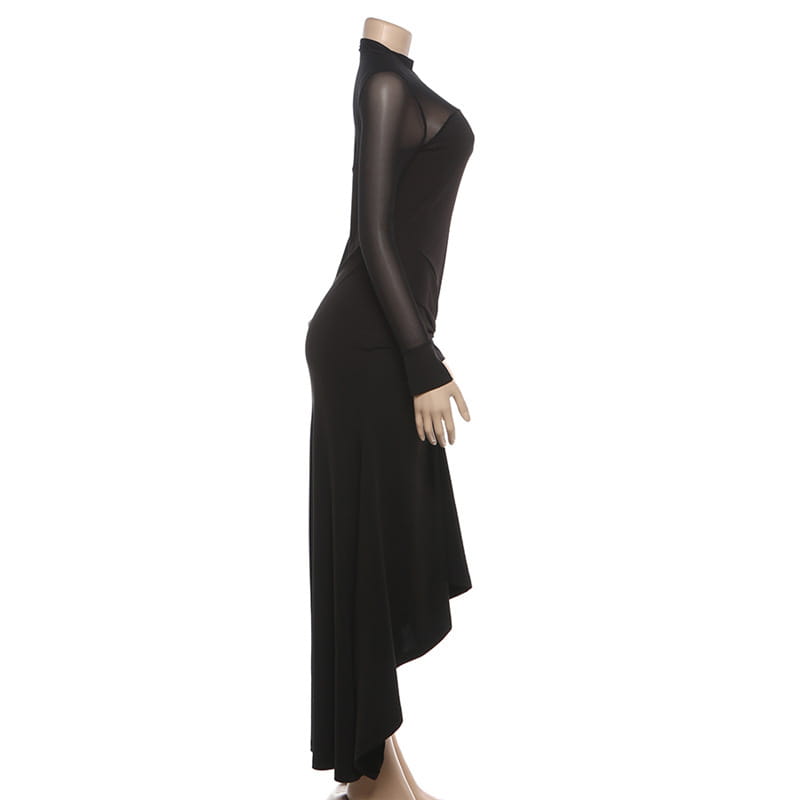 Mesh Panel Maxi Dress with Asymmetric Hem - Modern