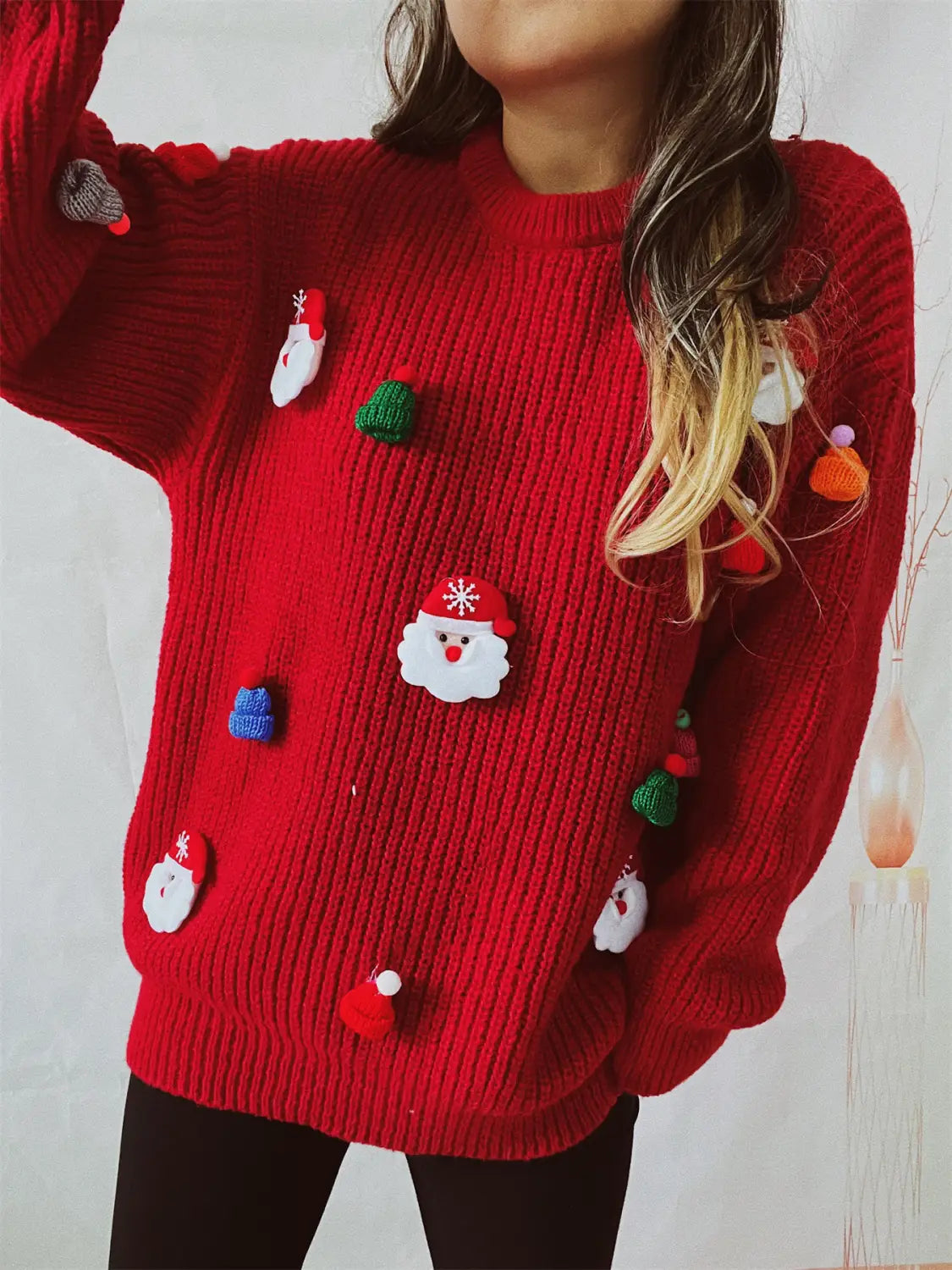 Santa Claus 3d Decoration Knitted Sweater - Loose Fit For Cozy Holidays