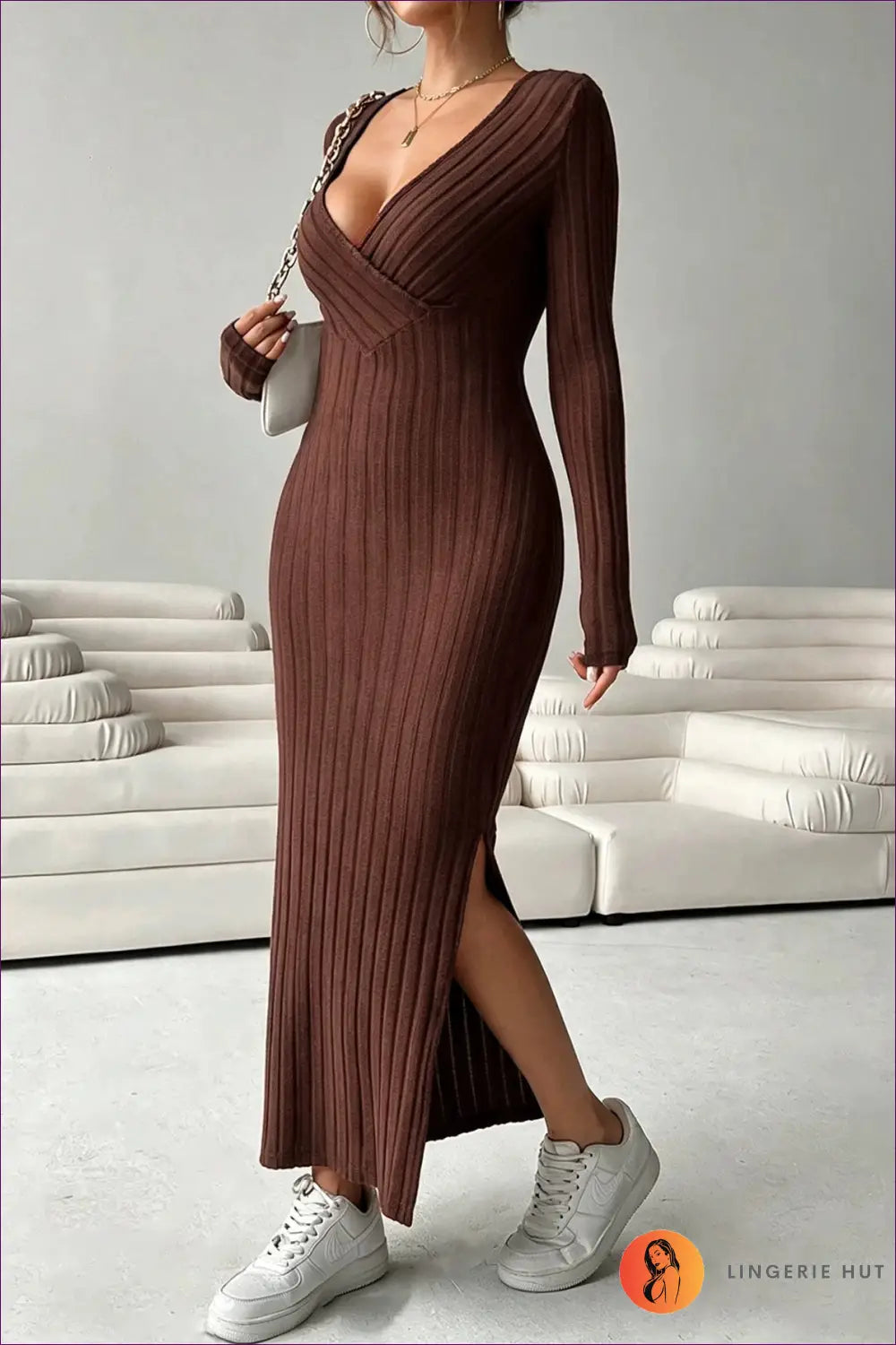 Brown Knit Maxi Dress with Wrap Neckline - After Dark