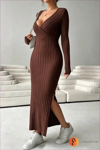 Brown Knit Maxi Dress with Wrap Neckline - After Dark