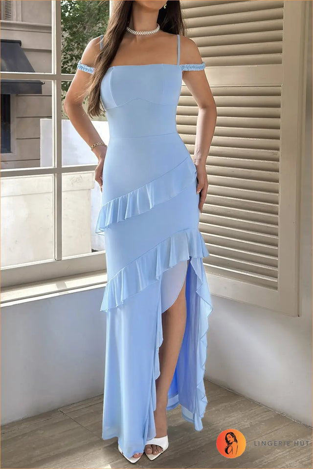 Sky Blue Off-Shoulder Ruffle Maxi Dress
