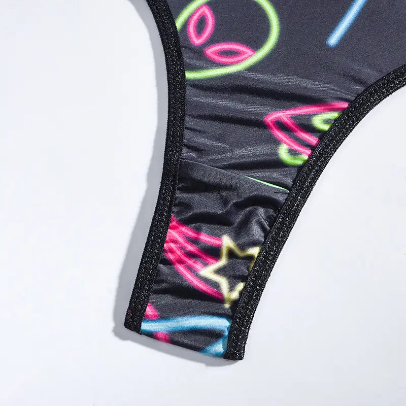 Graffiti Print Mesh Lingerie Set