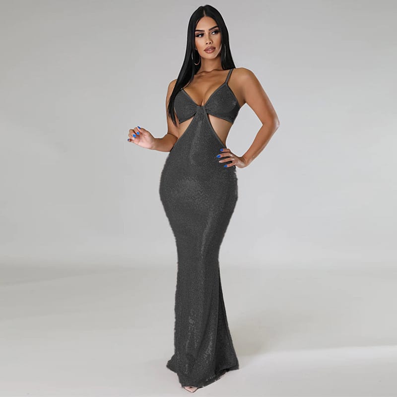 Sequin V-neck Maxi Dress - Stunning Elegance With Cutouts For Formal Events