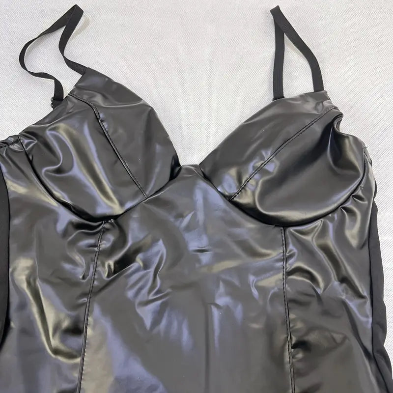V-neck Faux Leather Bodysuit - Sleek Silhouette