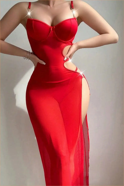 Red Mesh Cut-Out Maxi Gown with High Side Slit