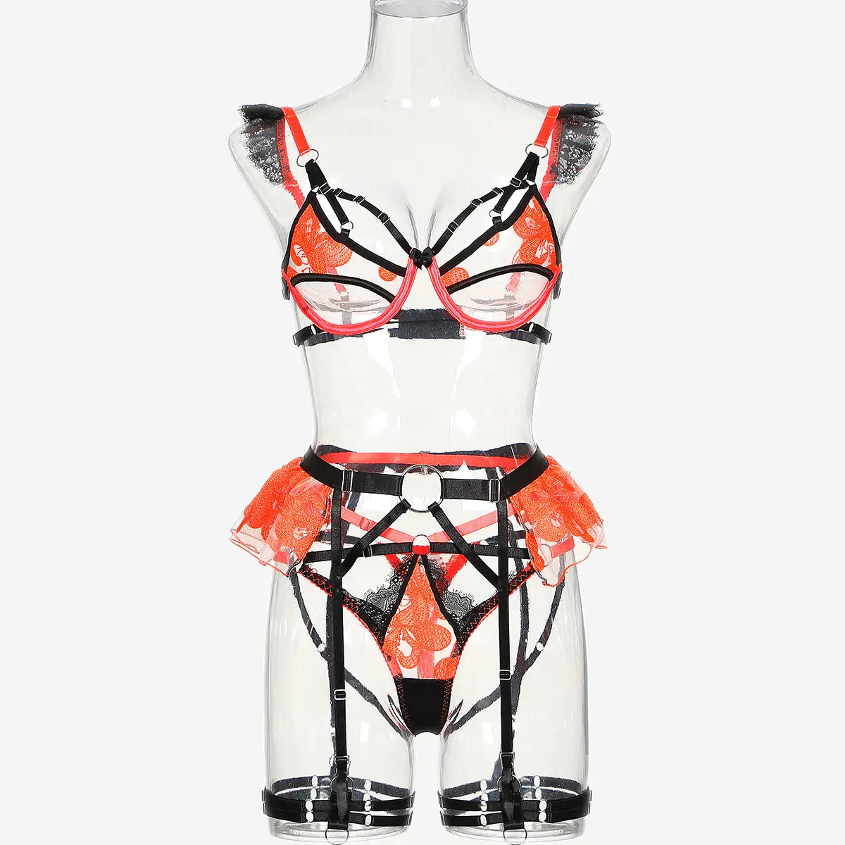 Embroidered Heart Bra Set - Cutout Charm & Garter