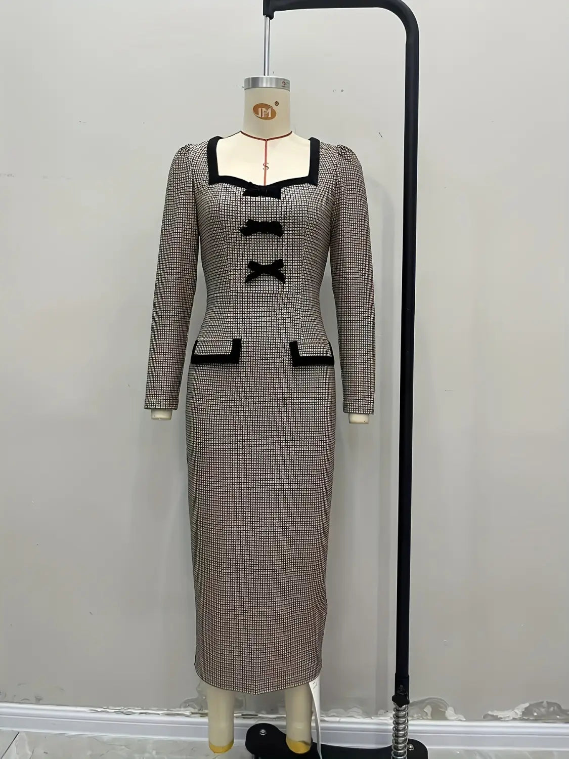 Tweed Midi Dress with Bow Details - Office Chic