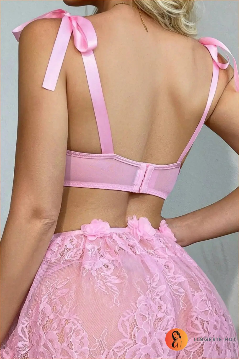 Floral Applique Lace Bra with Ribbon Shoulder Ties