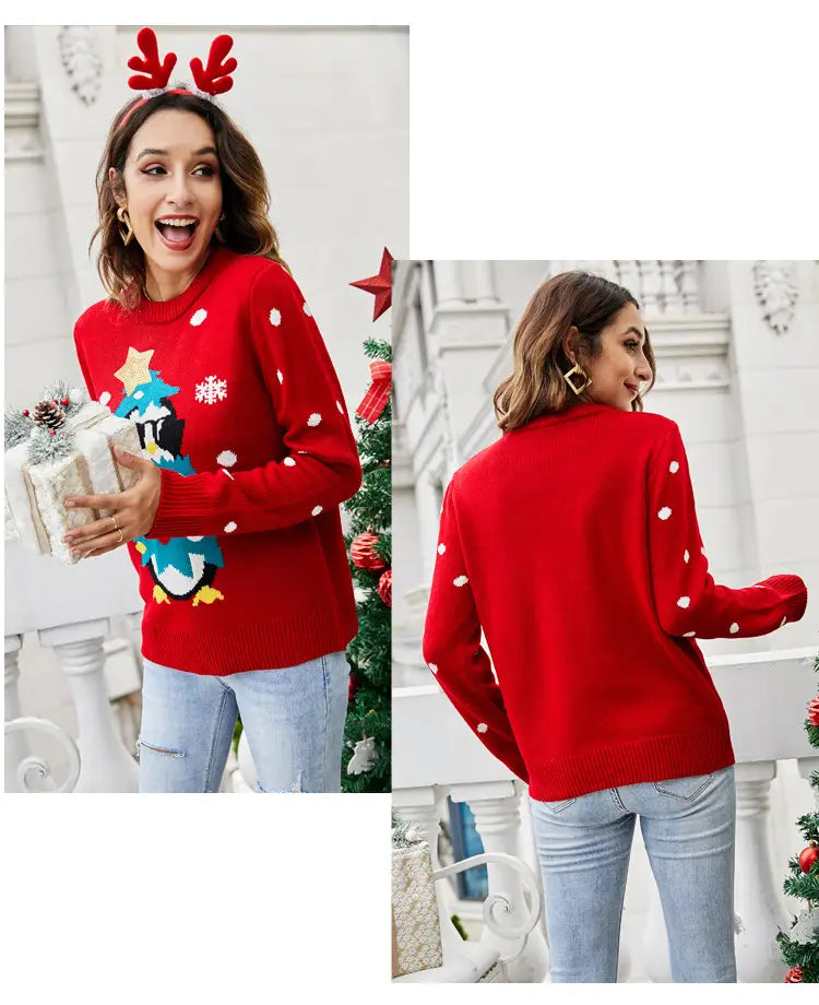 Round Neck Long Sleeve Sequined Sweater - Sparkle Your Way Through Christmas