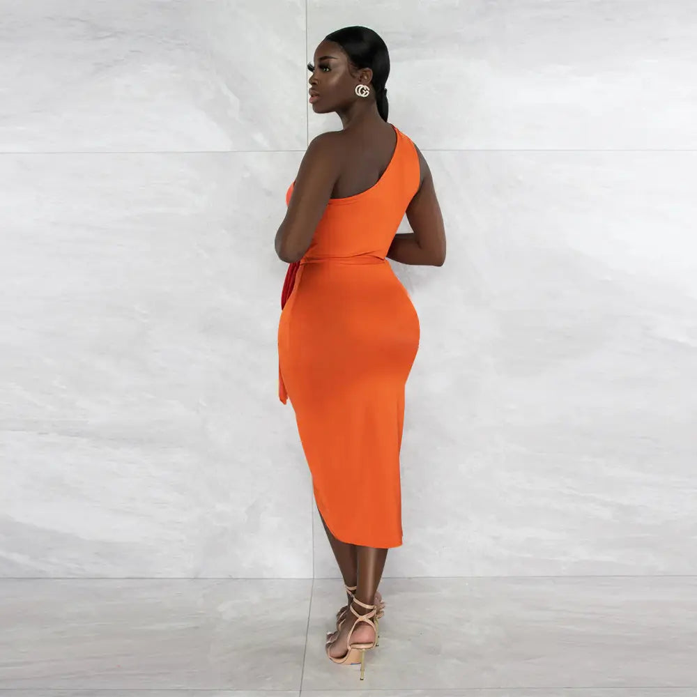 One Shoulder Midi Dress with Asymmetric Draping