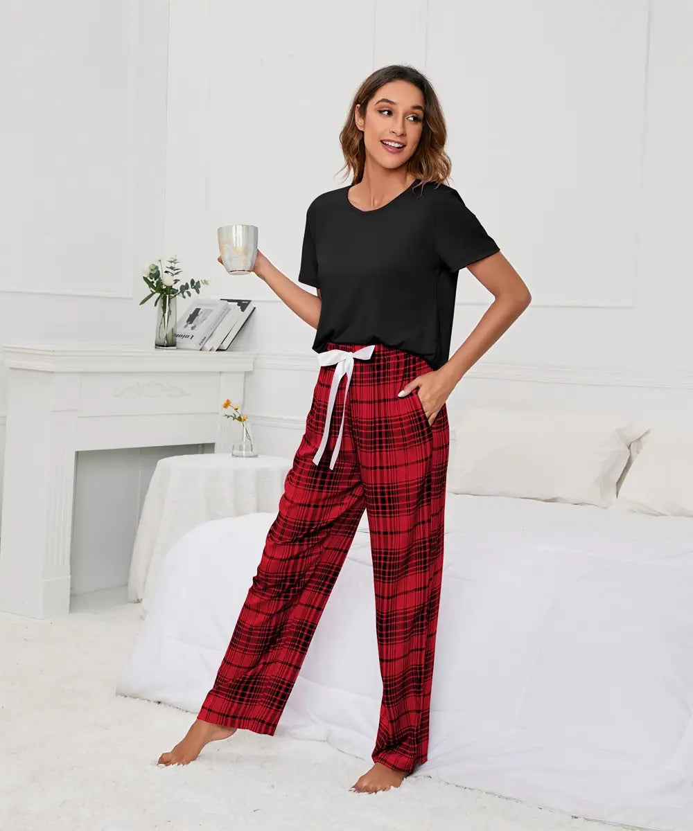 Solid-colour T-print Checks Pyjama Set - Summer Lounge Bliss