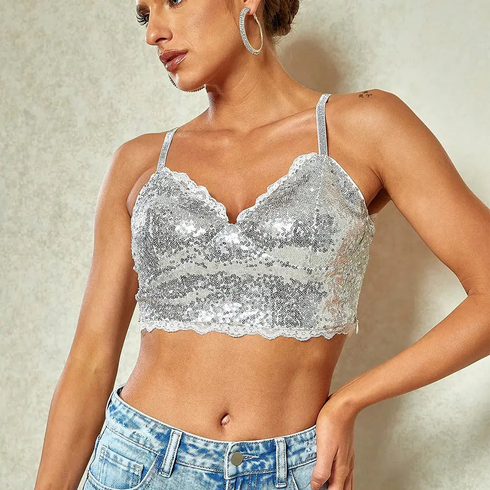 Sequined Backless Deep v Crop Top - Embrace French Sexy Style