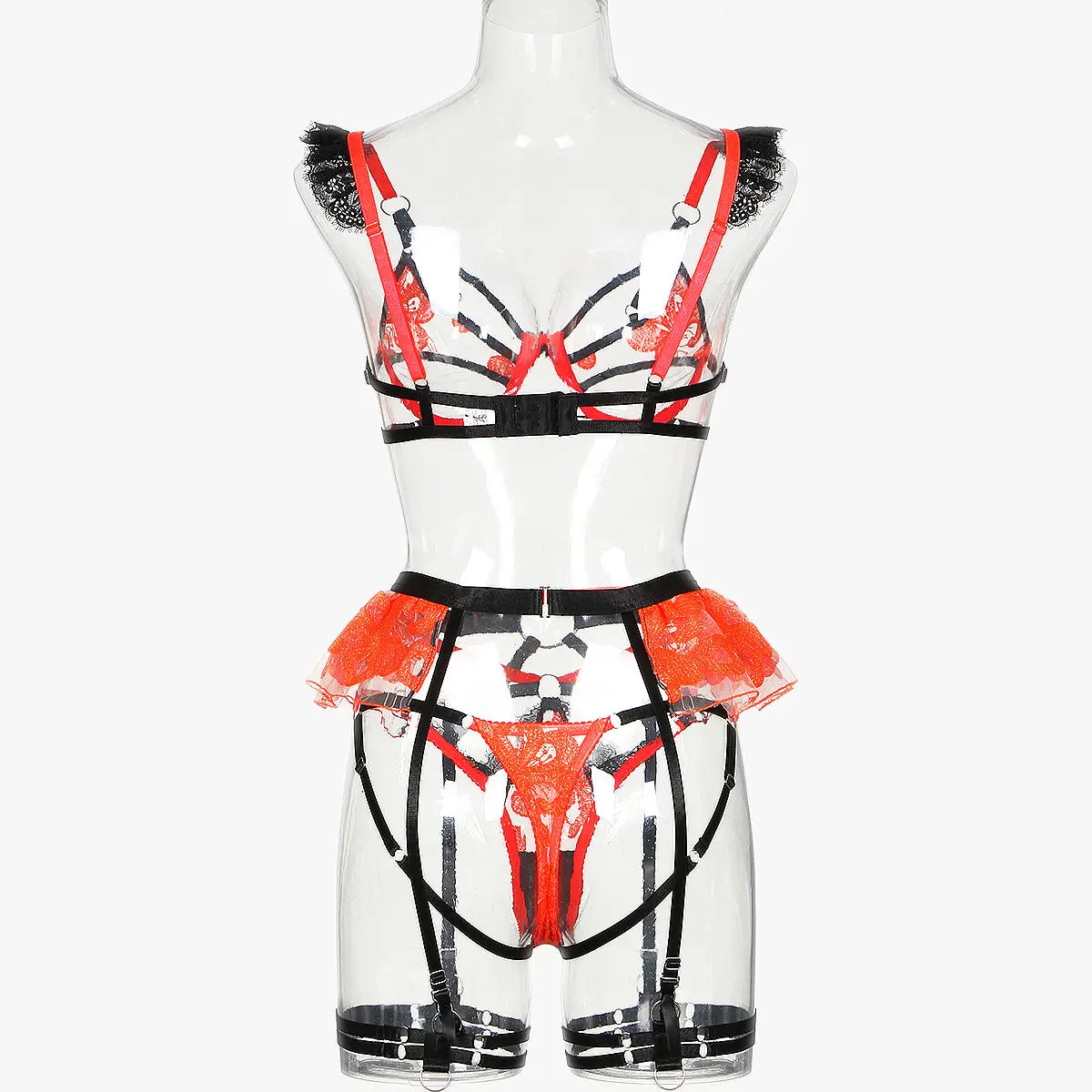 Embroidered Heart Bra Set - Cutout Charm & Garter