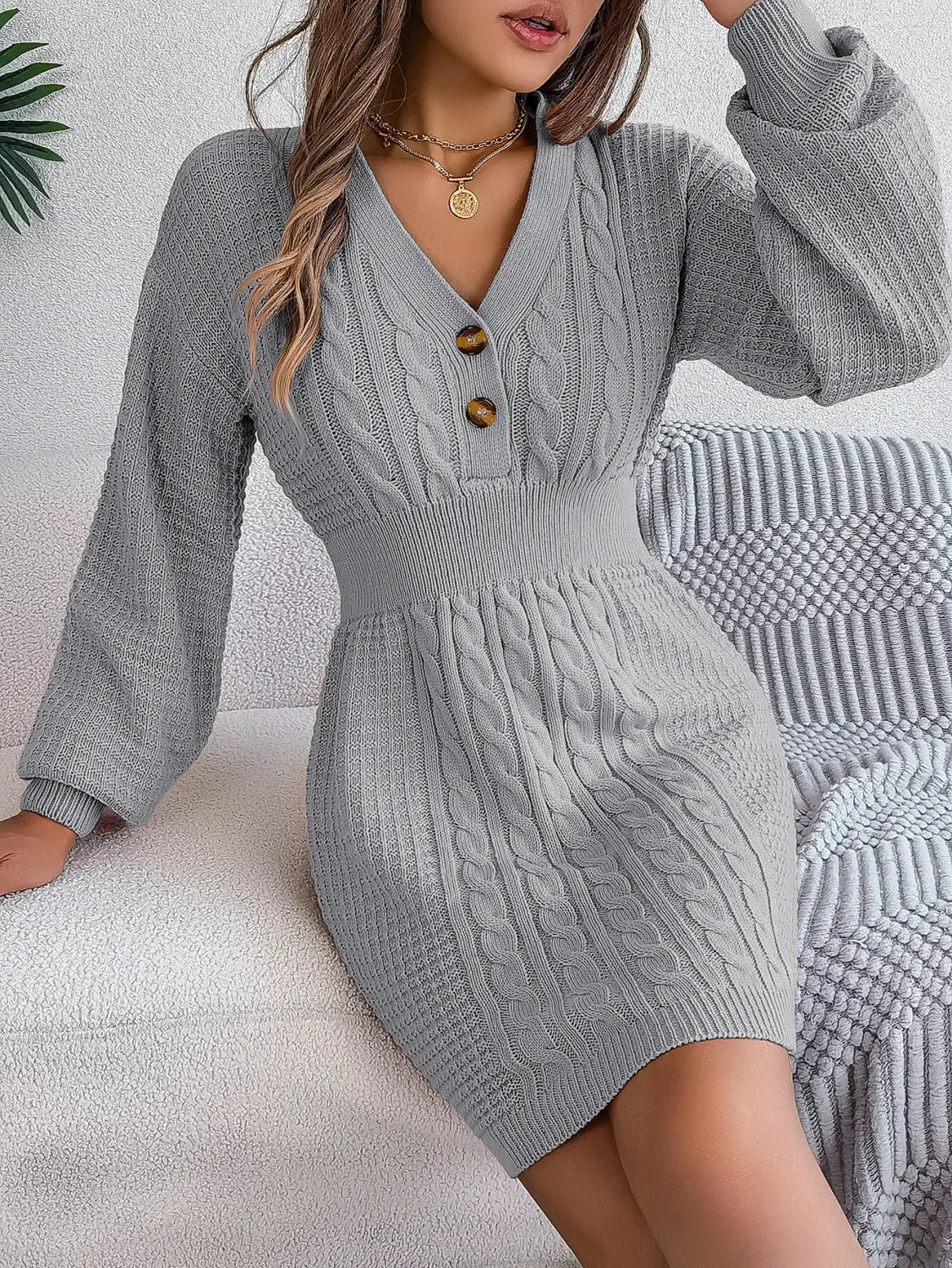 Button V-neck Dress - Twist Lantern Sleeve Sweater Elegance