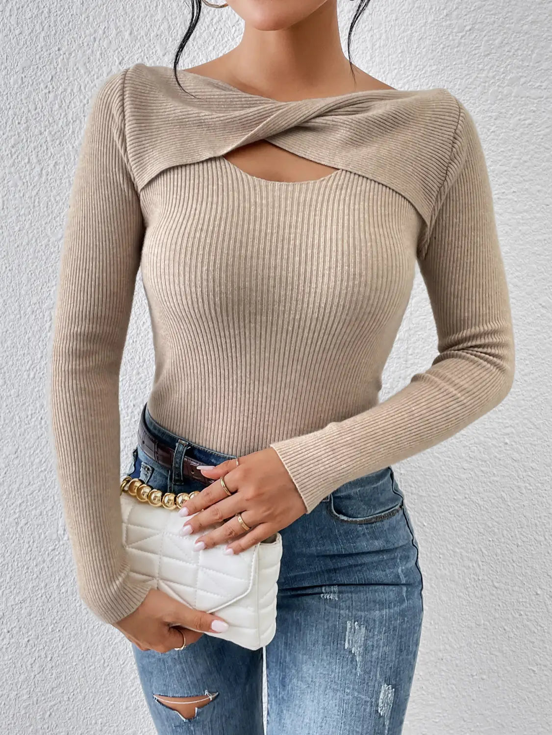 Elegant Twisted Cutout Top - Sophisticated Long Sleeve In Cozy Jersey