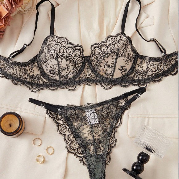 Black Embroidered Mesh Bra and Thong Set with Scalloped Trim