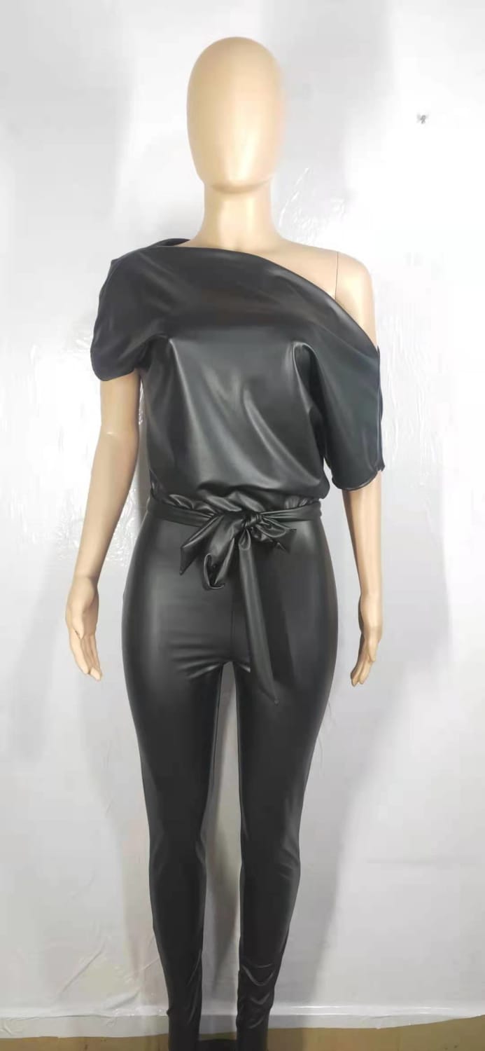 Leather Strap Off-shoulder Jumpsuit - Chic Edge Sleek Contour