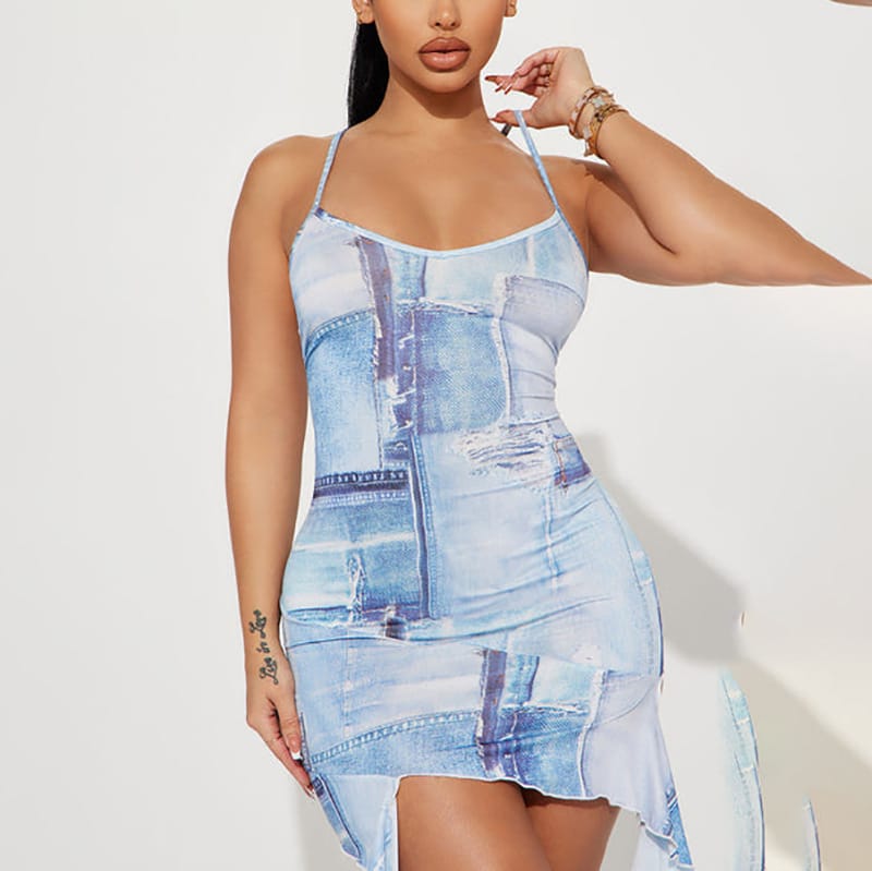 Alluring Printed Bodycon Dress with Ruffle Detail - Party & Club