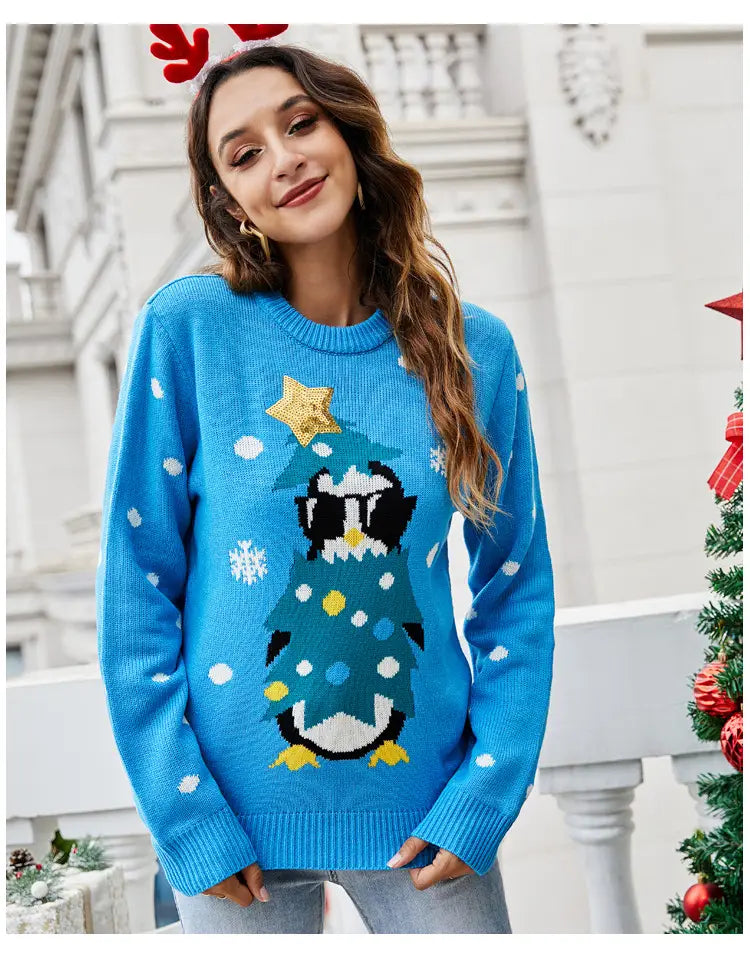 Round Neck Long Sleeve Sequined Sweater - Sparkle Your Way Through Christmas