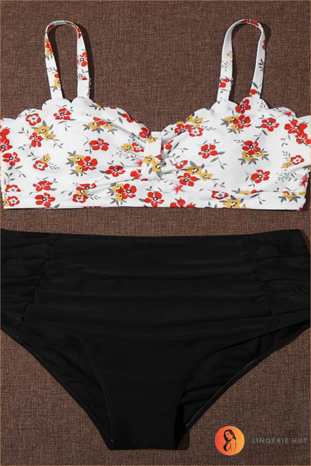 Scalloped Bandeau Bikini with Floral Bottoms - Beach Day Confidence