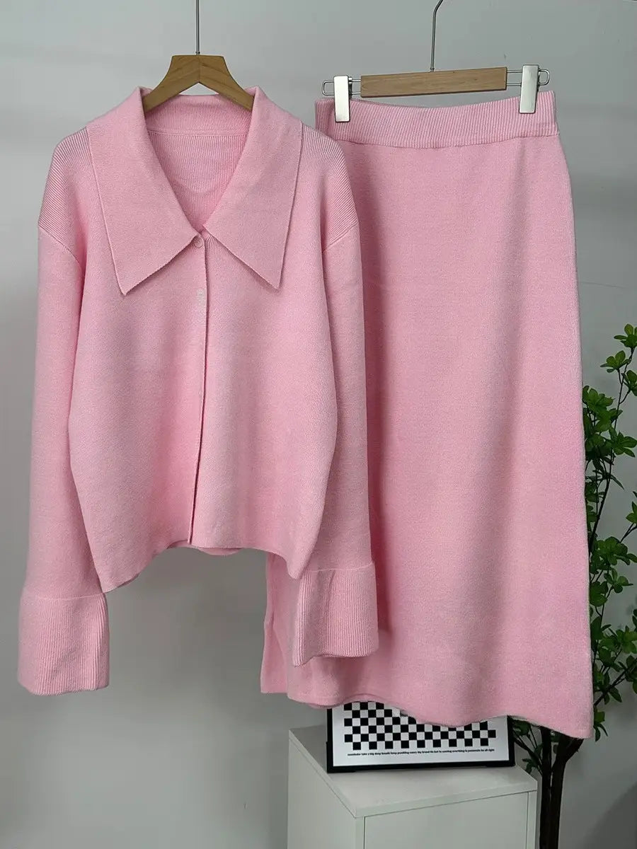 Knit Cardigan and Midi Skirt Set with Bell Sleeves