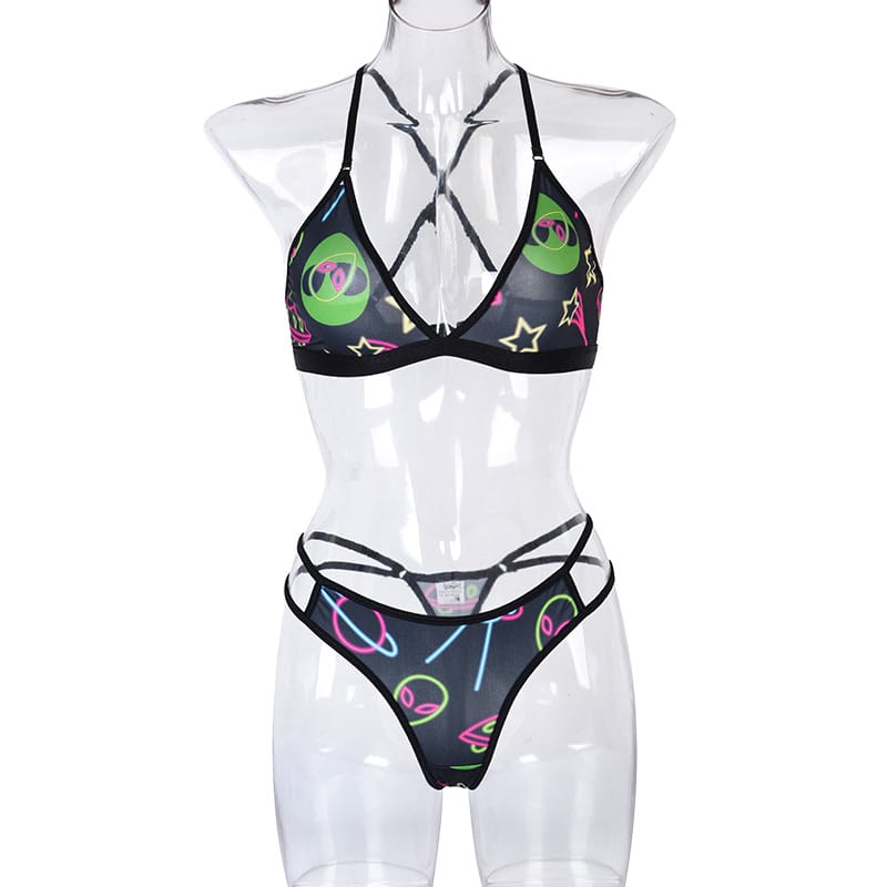 Graffiti Print Mesh Lingerie Set