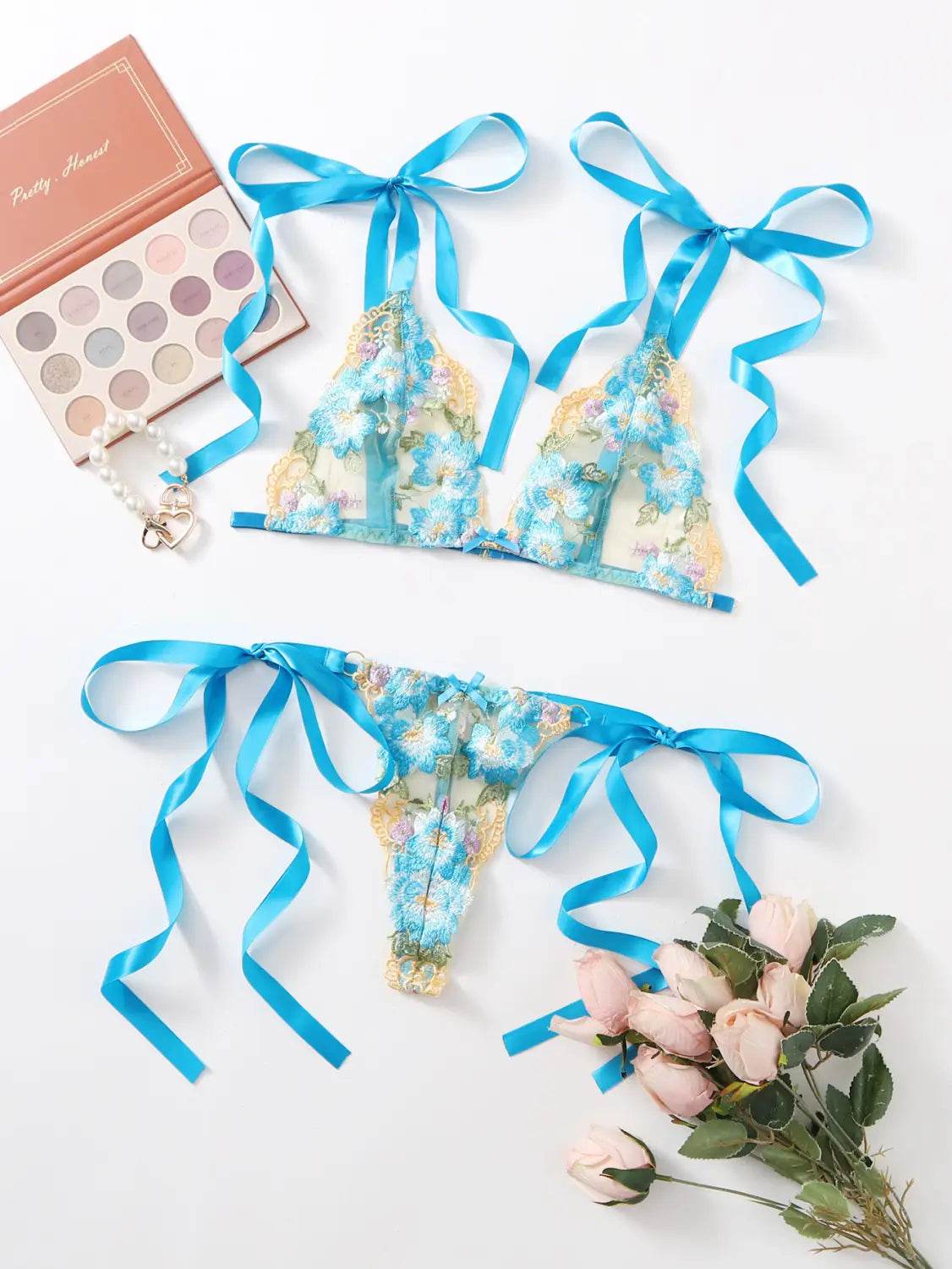 Blue Bow Floral Bikini Bra Set - Embroidery Elegance