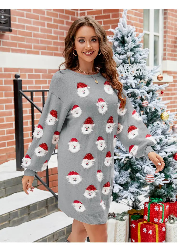Christmas Casual Loose-fit Printed Sweater Dress - Festive Comfort Daily Elegance