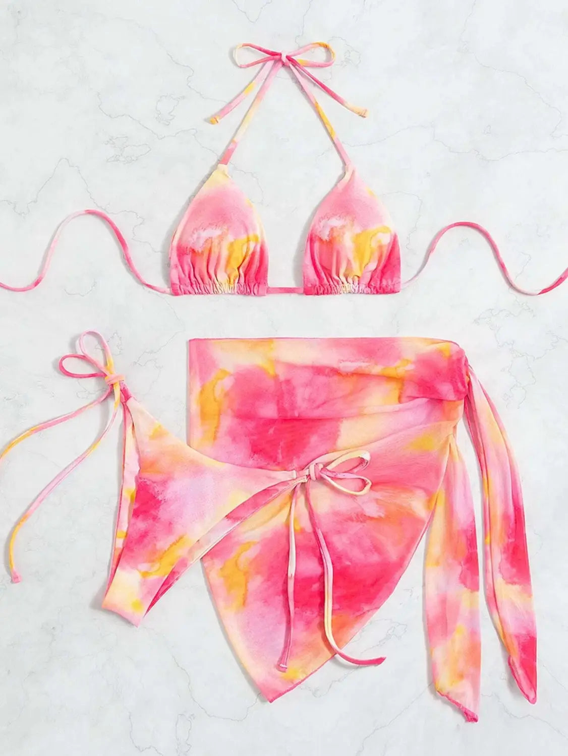 Boho Tie-dye Three-piece Swimsuit - Versatile Style For Beach And Vacation
