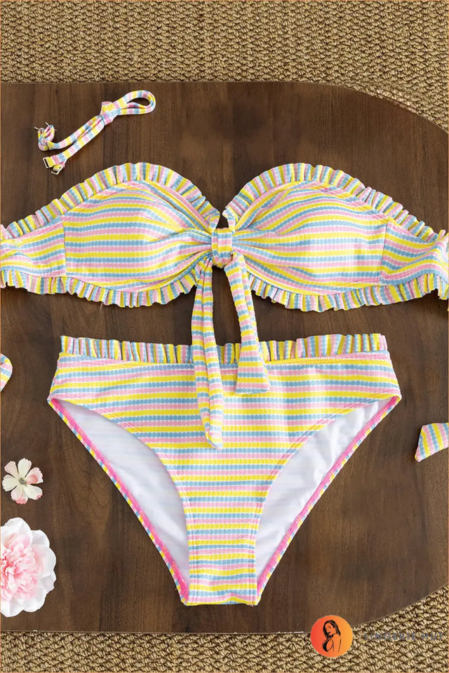 Rainbow Stripe Ruffle Bow Bikini Set