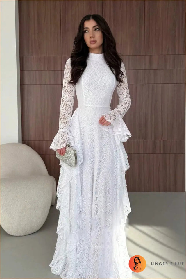 Bell-Sleeve Lace Tiered Maxi Dress