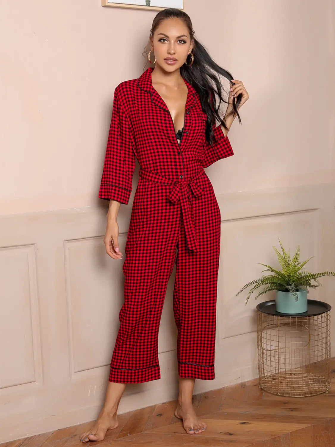 Red Plaid V-neck Jumpsuit - Belted Lounge Elegance