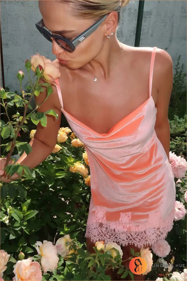 Mint Satin Cowl-Neck Mini Dress with Hot Pink Lace Hem