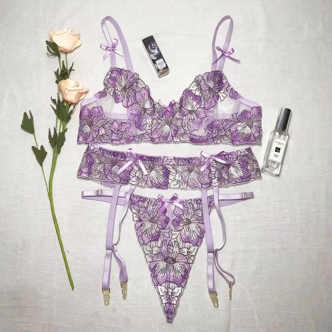 Floral Garter Lingerie Set - Lavender Elegance with Embroidery