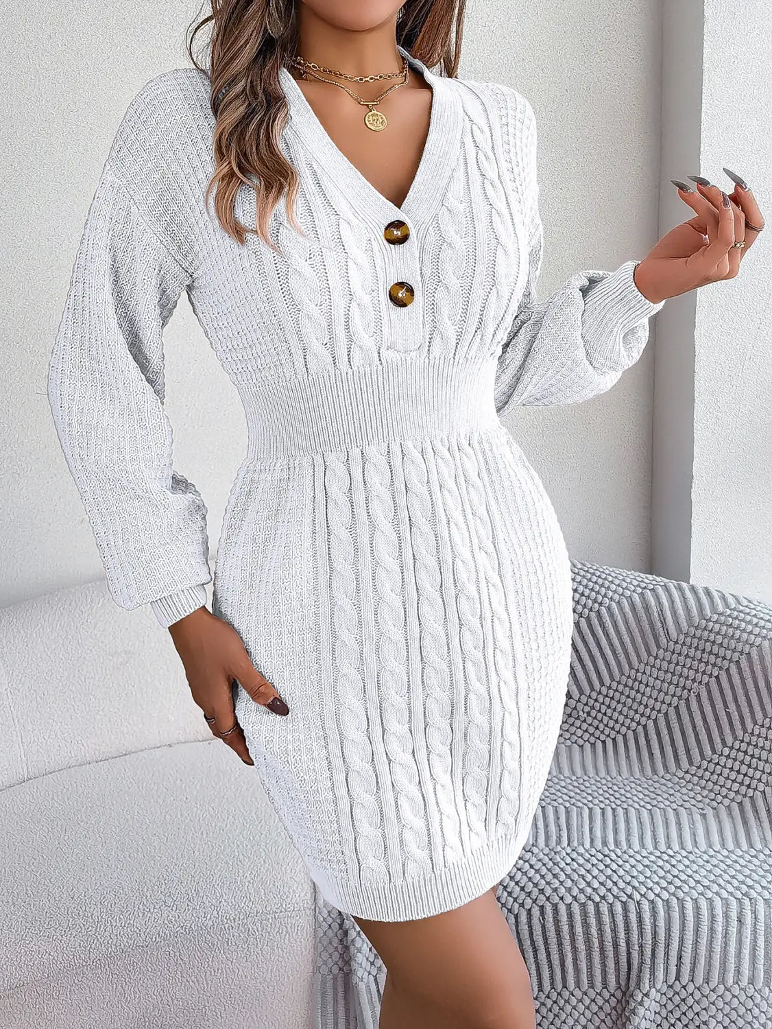 Button V-neck Dress - Twist Lantern Sleeve Sweater Elegance