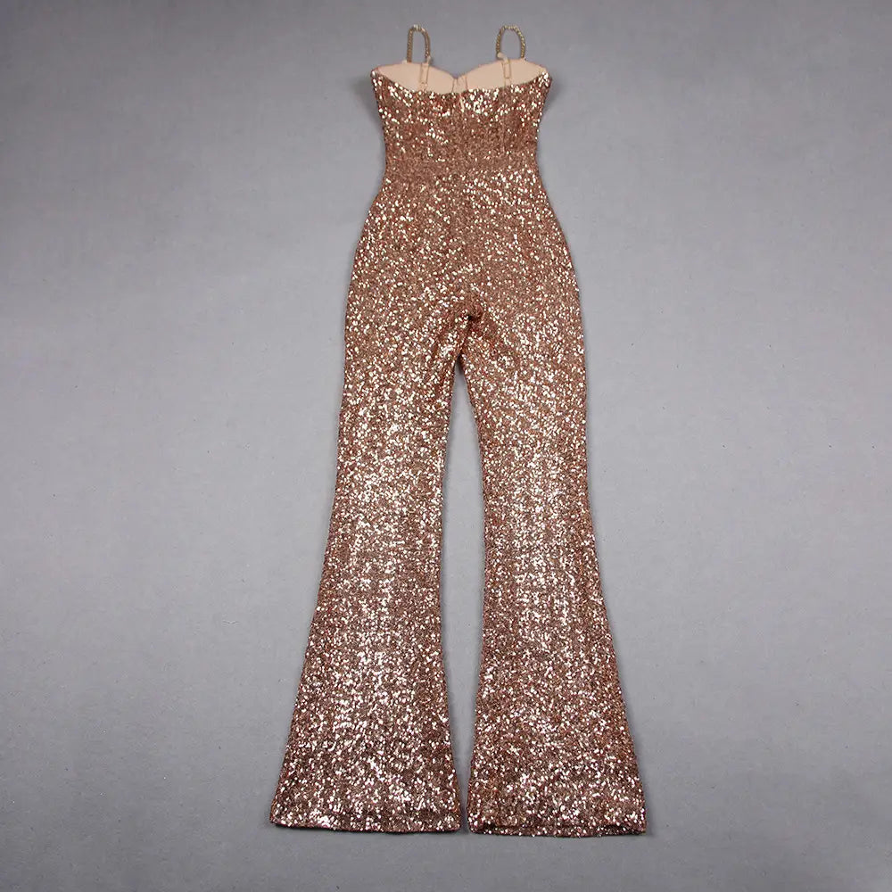 Sexy Sequined Strap Off-the-shoulder Tube Top Slim Sheath Long Jumpsuit