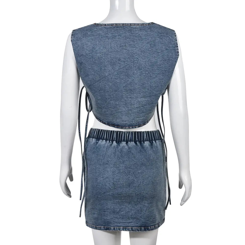 Mini Skirt Stretch Vest - Sexy Denim Co Ord Unleash Your Sass