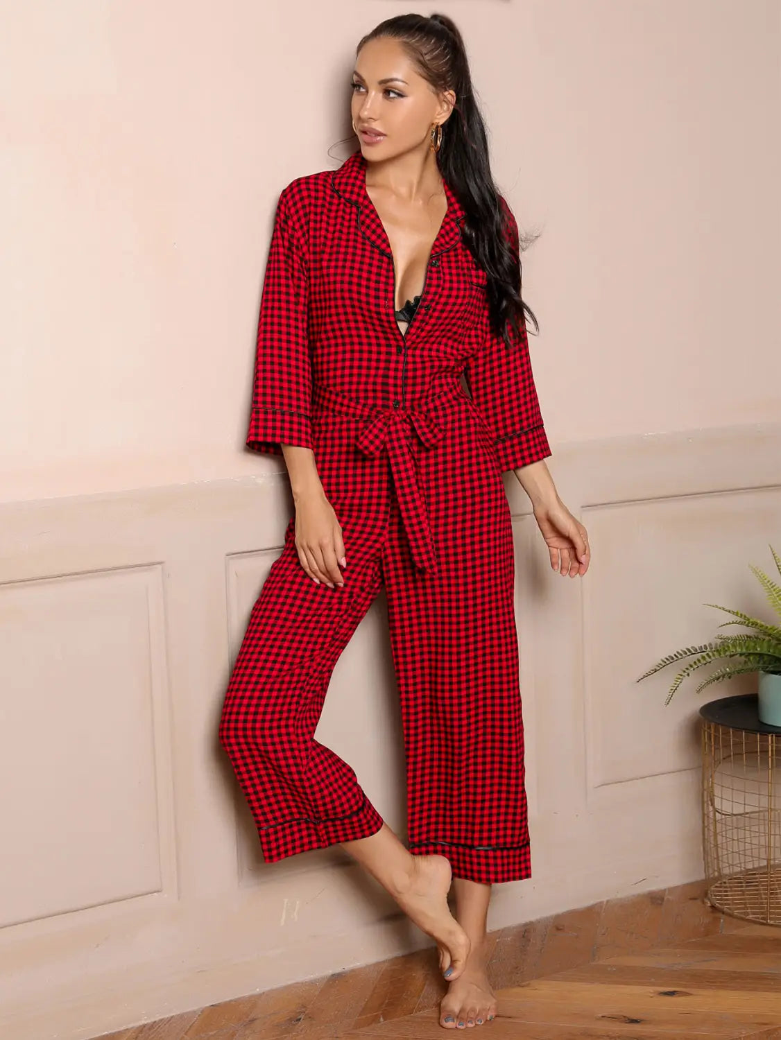 Red Plaid V-neck Jumpsuit - Belted Lounge Elegance