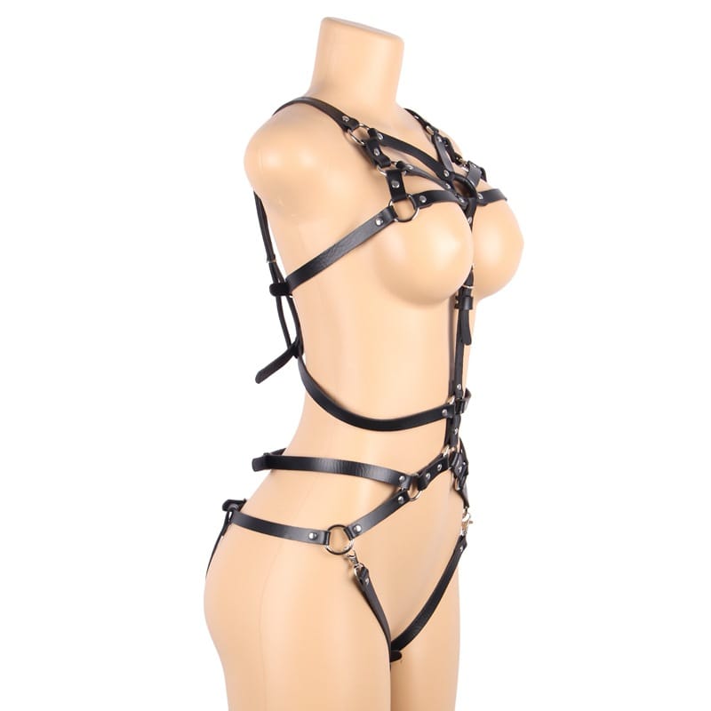 Trendy Leather Strap Harness Bodysuit - Sheer Turtleneck, Bold Elegance